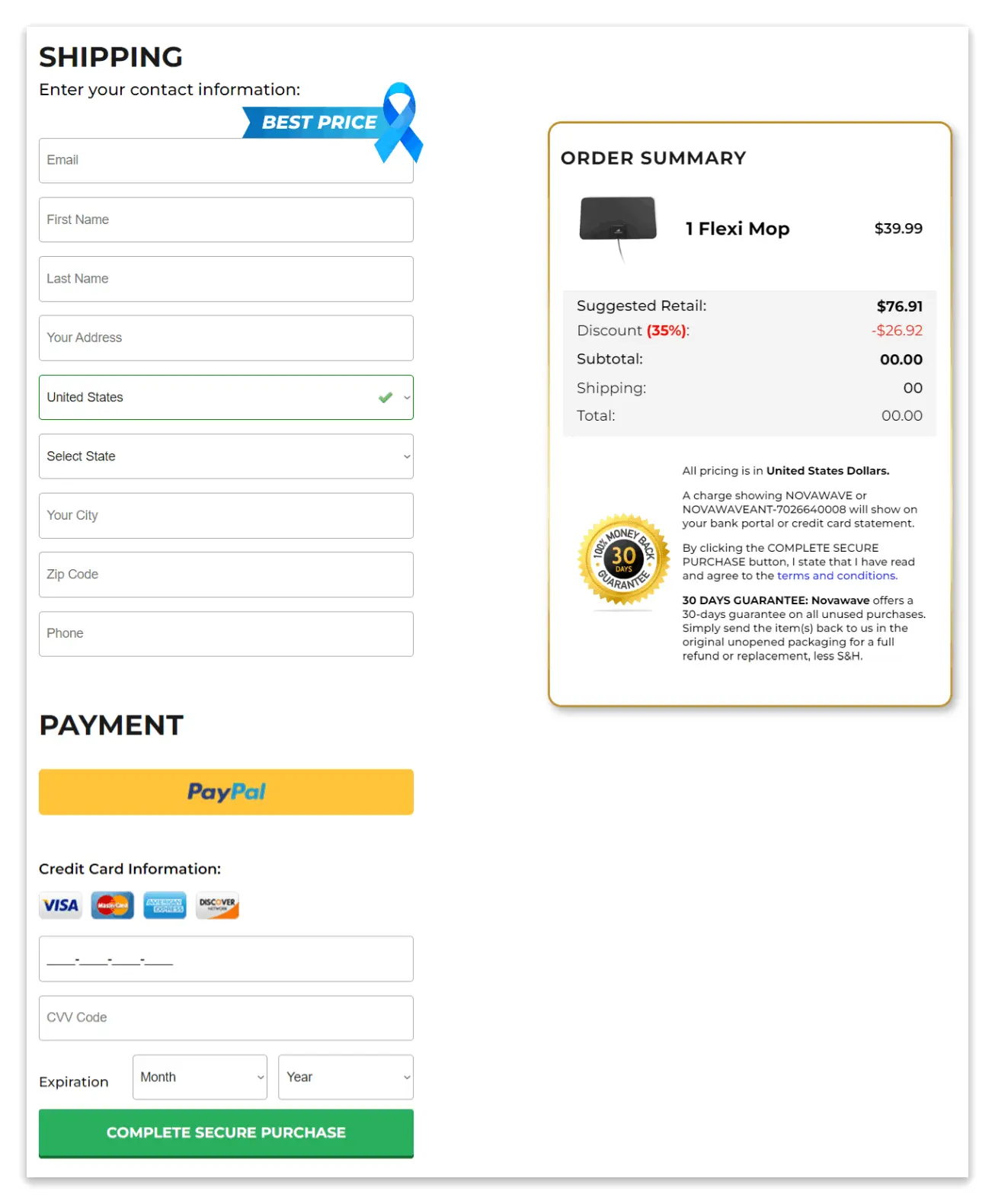 NovaWave Antenna checkout page